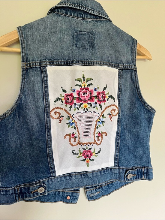 Old Navy Jackets & Blazers - Denim vest with vintage cross stitch details
